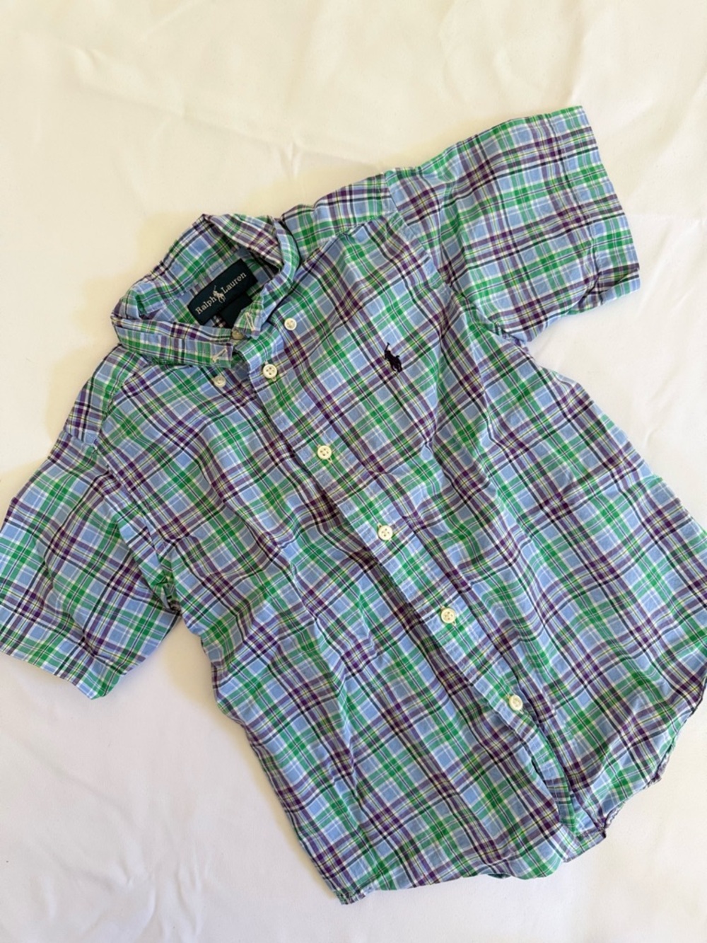 PoRalph Lauren Boys' Short-Sleeve Plaid Button-Down Shirt - Green/Blue